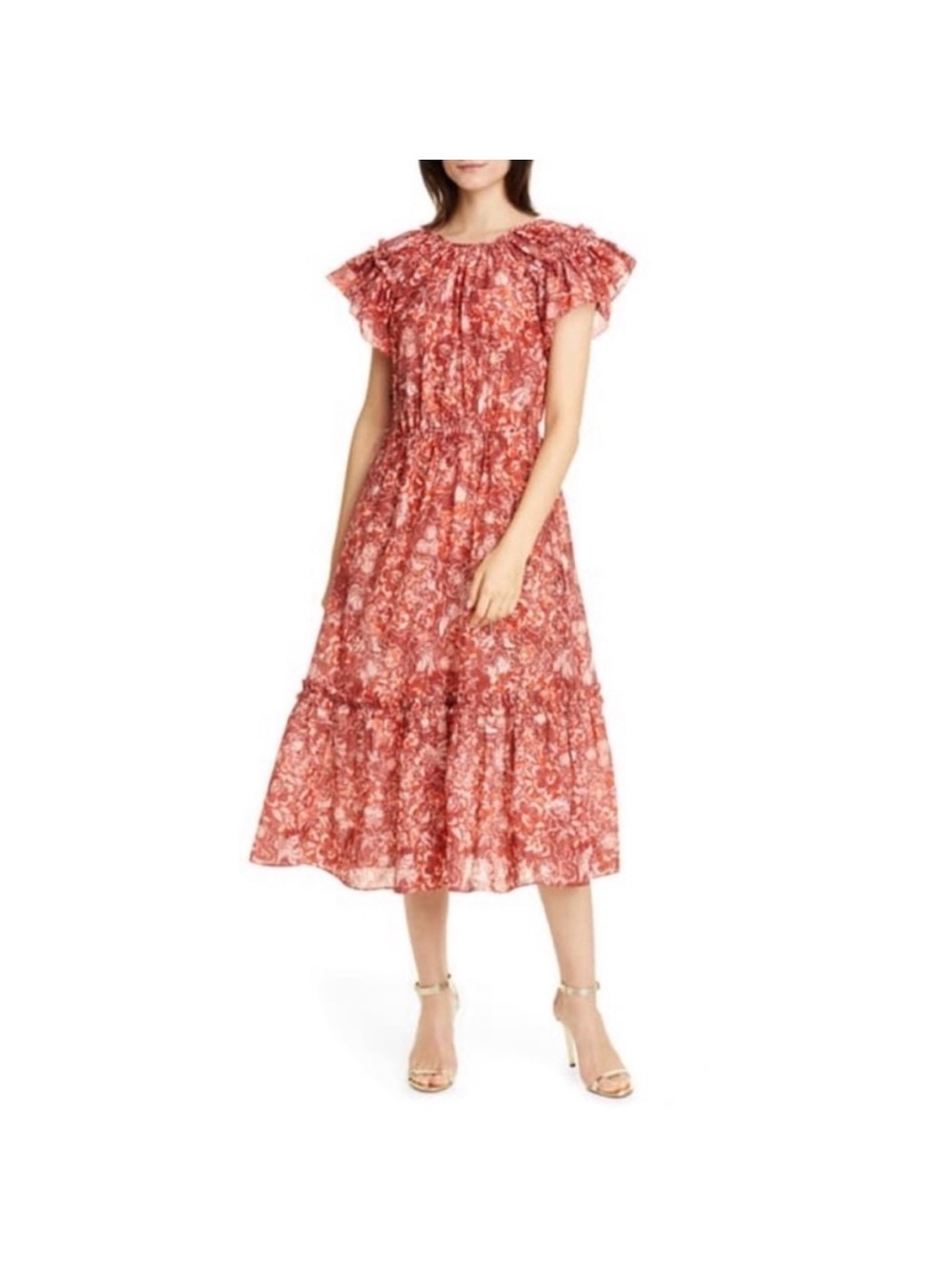 Ulla Johnson Arlene Ruffle Tiered Coral Floral Feminine Midi Dress Women’s 6